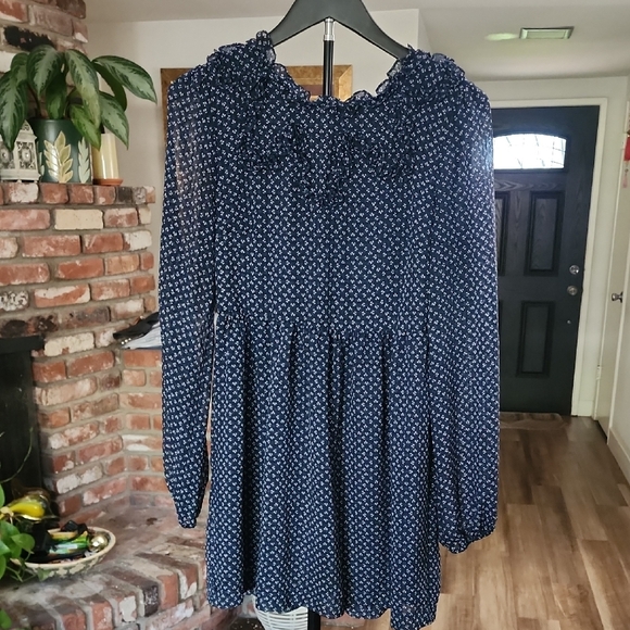Free People Navy Floral Smocked Long Sleeve Dress Boho Romantic - Picture 1 of 12